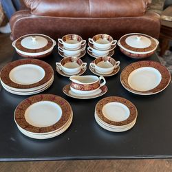 37 pcs Wood and Sons BURGANDY Gold inlay trim Alpine White Ironstone made in England 6 Cream Soup Bowl with Saucers. Some of These saucers have some c