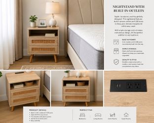 Modern Nightstand w/ USB Ports, Outlets & Storage Drawers