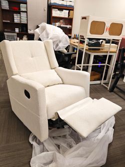 Upholstered Recliner Swivel Glider Nursery Chair Reclining Performance Fabric Rocker with Wood Base,Boucle,Ivory