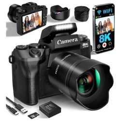 ☆ 8K Digital Cameras for Photography, 64MP Vlogging Camera for YouTube with 4" Touch Screen, Dual Front/Rear Cameras with LED Fill Light, 3000MAh Batt