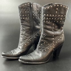 Steve Madden Western Cowboy Boots Heels Black Leather Studded Zip Womens 7.5 M