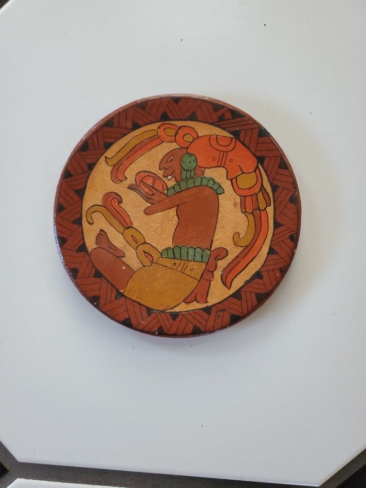 Vintage Decorative Mexican Small Plate Handpainted Mayan Aztec Warrior