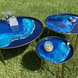 Beautiful Pier One Set Of 3 Tables Hand Poured Epoxy 
