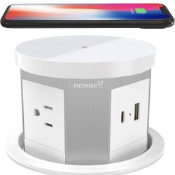 Automatic Pop-Up Power Outlet — 4.33-Inch Pop-Up Countertop Outlet with 15W Wireless Charger, 3 AC Outlets, 1 USB-A Port, 1 Hidden USB-C Port, 5-Foot 