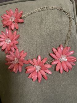 Pink Acrylic Flower Statement Necklace With Rhinestone Centers
