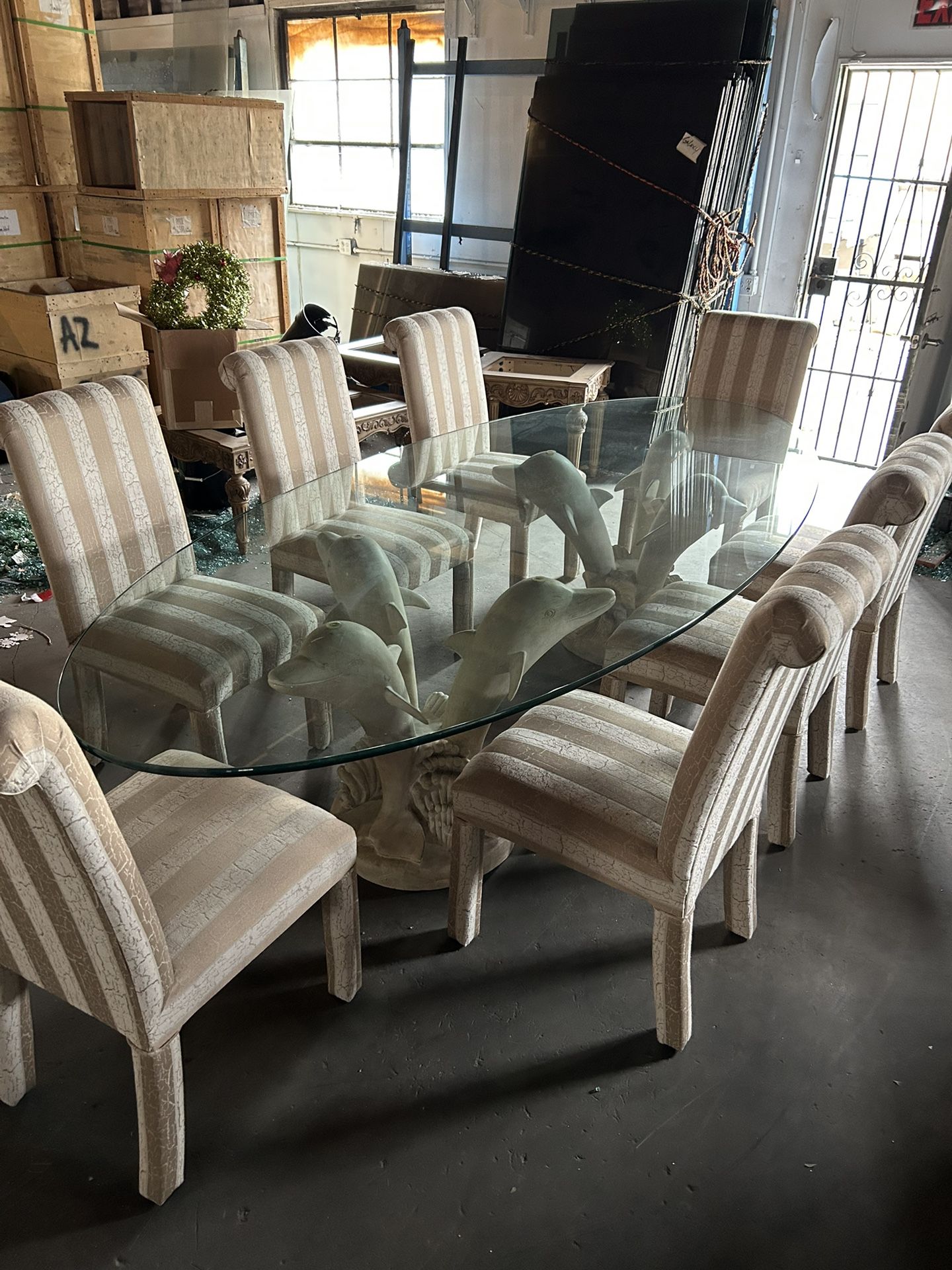 Unique Glass Top Dolphin Base, Eight Piece Dining Room Set