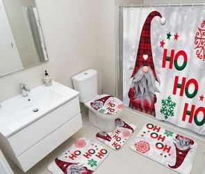 4-Piece Christmas Gnome Bathroom Set – Shower Curtain & Rugs ($10)