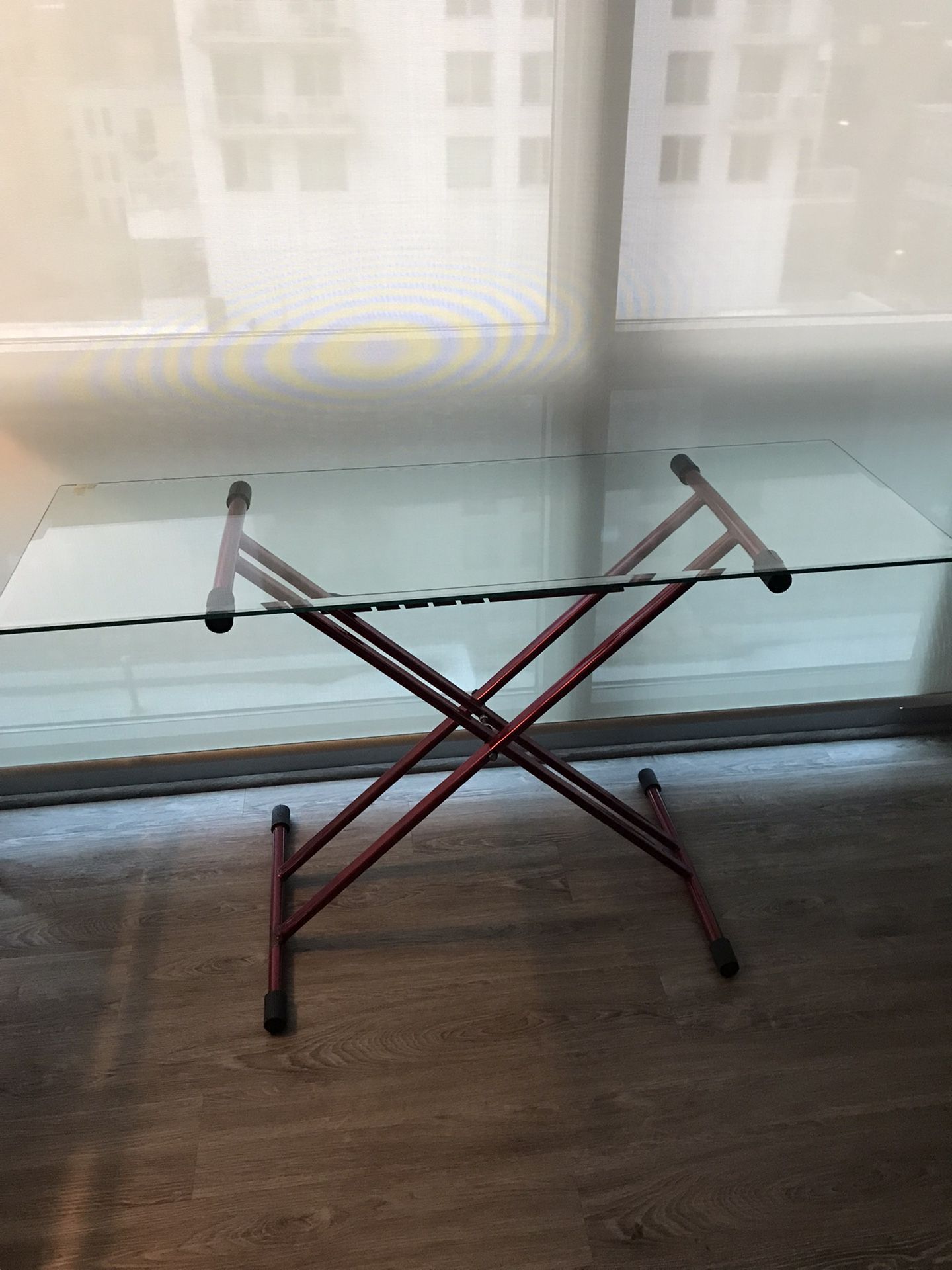 Desk Table, Glass Top On Red Stand