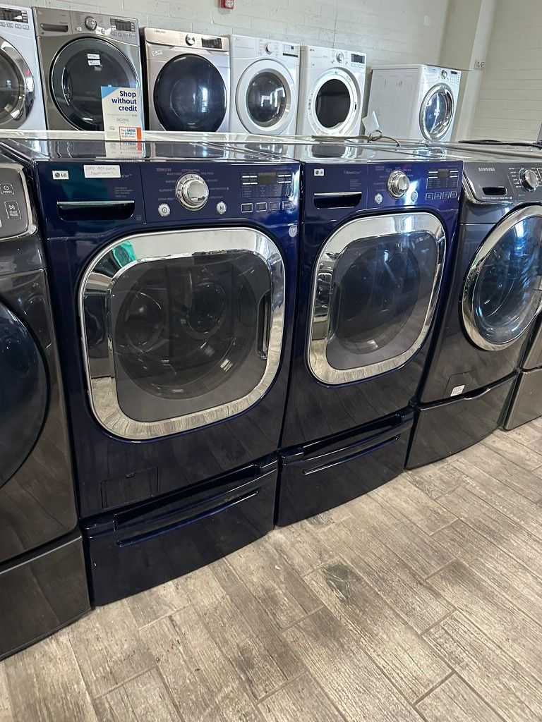 LG blue Mega capacity washer and dryer set electric with warranty