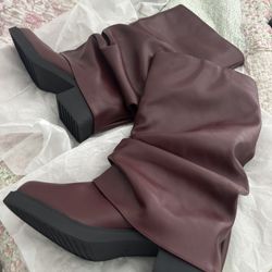 (212121-21) Womens Black Boots - Mid Calf Fold Over Chunky High Heel Boots for Women With Side Zipper PU Leather Womens Shark Boot Calf High Square To