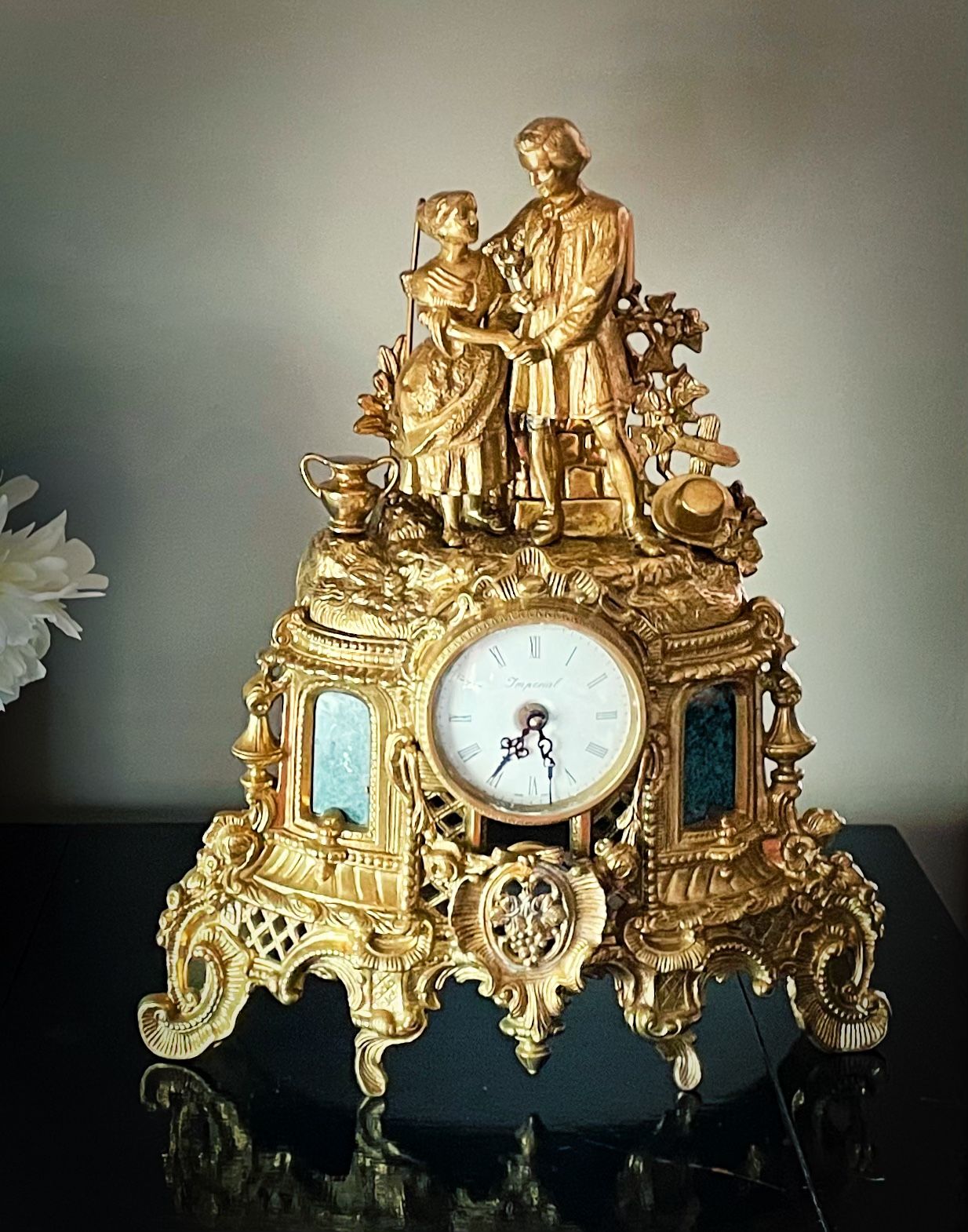Bridgerton Style Regency Clock, Brass And Green Marble Couple Anniversary Gift