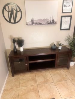 Dark Wood TV Stand with Glass Doors