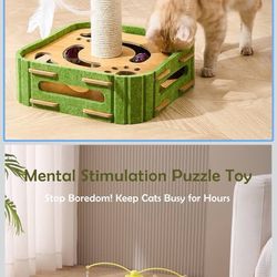 Cat Puzzle Toy - Scratching Post with Spinning Balls & Feathers for Indoor Cats, Satisfies Hunting Instinct, Self-Play Mental Stimulation Game with Ro