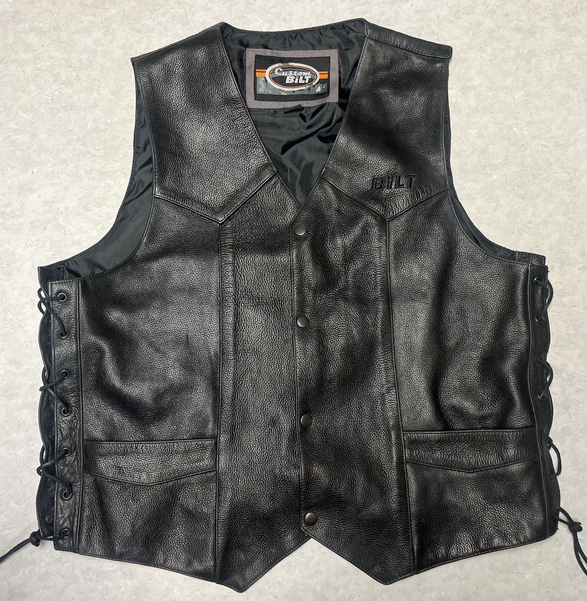 Custom BILT Motorcycle Leather Vest Black Laced Sides Size 2XL Pockets Snap Buttons