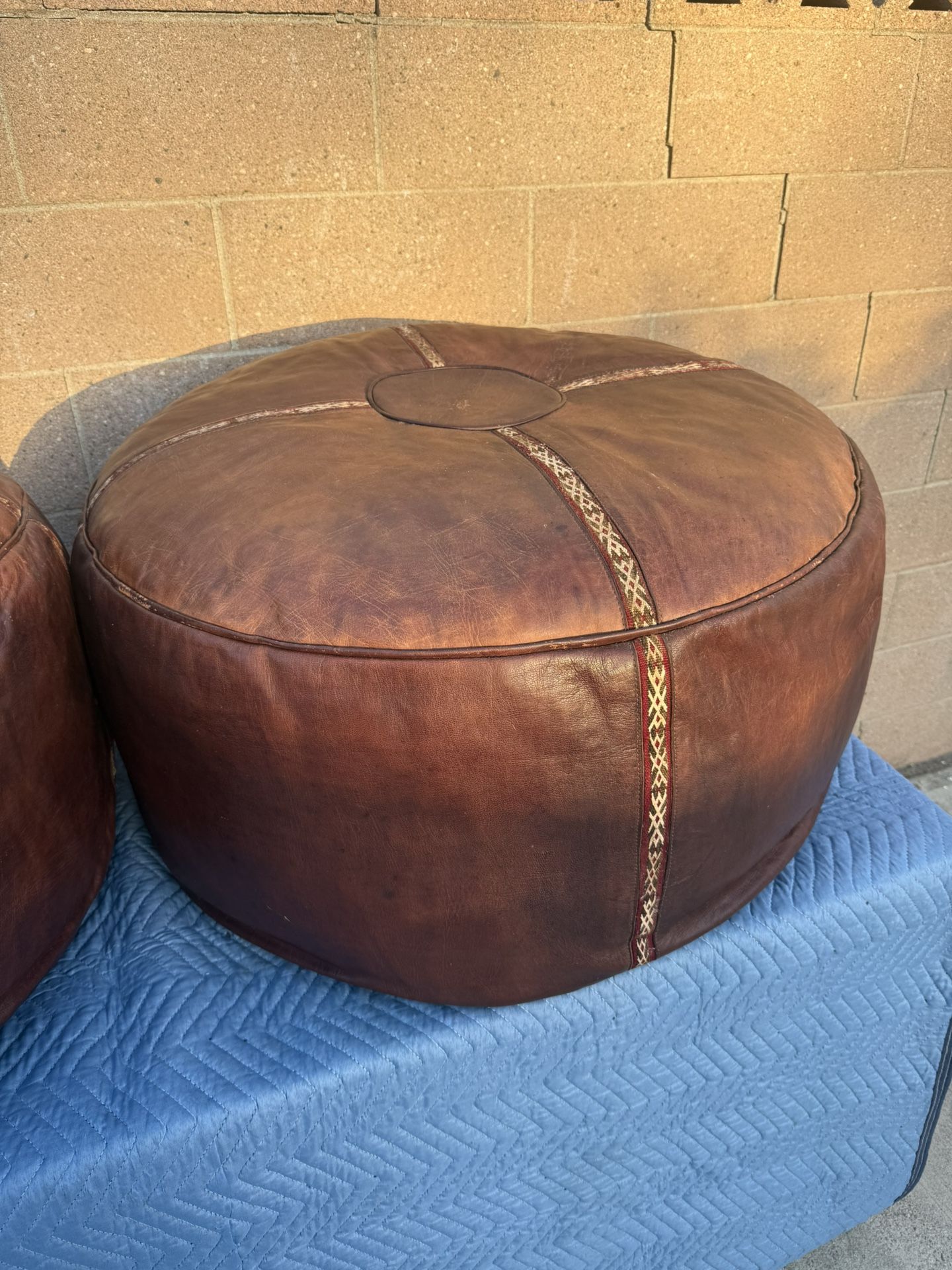 Pair of Large Oversized Vintage Moroccan Style Boho Chic Embroidered Accents Genuine Leather Pouf Ottoman Footrest Chairs Seating - 16”x35”