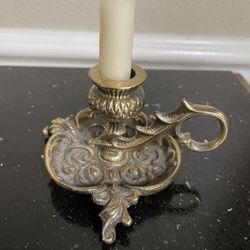 Vintage Brass Chamber Candle Holder , Art Nouveau to Bed Candle 2”x3”