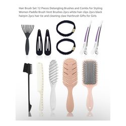 Brand new Hair Brush Set 12 Pieces Detangling Brushes and Combs for Styling Women Paddle Brush Vent Brushes 2pcs white hair clips 2pcs black hairpin 2