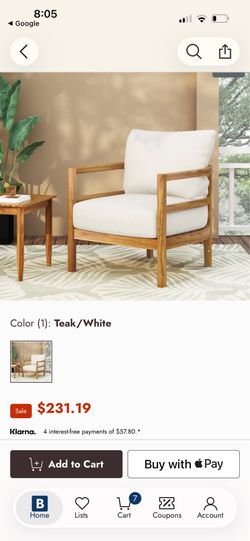 Outdoor wood chair with white cushions - $230 retail - teak finish color - new in box