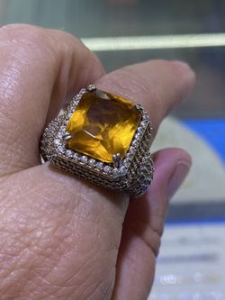 14.5 Ct CITRINE YELLOW PAVE DIAMONDS Ring Size 11, sizable up , NEW YELLOW GOLD BOLD