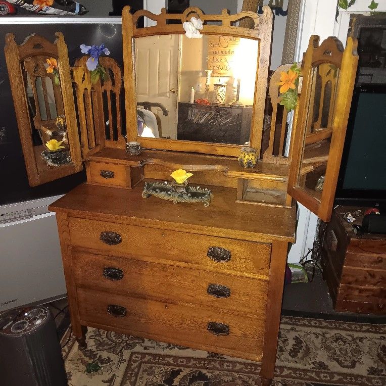Antique Trifold  Mirror Dresser