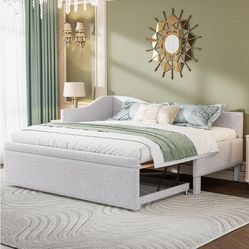 🔥Twin to Irregular King L-Shaped Daybed with Pop Up Trundle, No Box Spring Needed, Beige