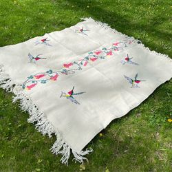 Hand Knit Hummingbirds and Flowers Blanket