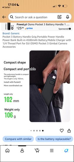 Pocket 3 Battery Handle Grip,Portable Power Handle Power Bank Built-in 4500mAh Battery,Mobile Charger with 1/4 Thread Port for DJI OSMO Pocket 3 Gimba