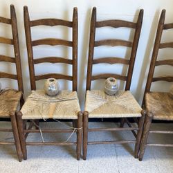 Set  of Vintage Charles Dudouyt English-style farmhouse ladderback dining chairs with woven rush seats. 
