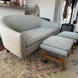 West Elm Gray Small Couch With 2 Stools