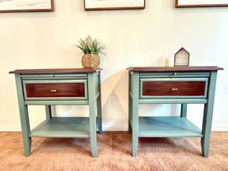 Modern nightstands| sage green | walnut wood top | refinished pair