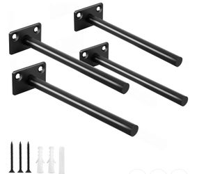 4 Pcs 6" Black Solid Steel Floating Shelf Bracket Blind Shelf Supports - Hidden Brackets for Floating Wood Shelves - Concealed Blind Shelf Support Scr