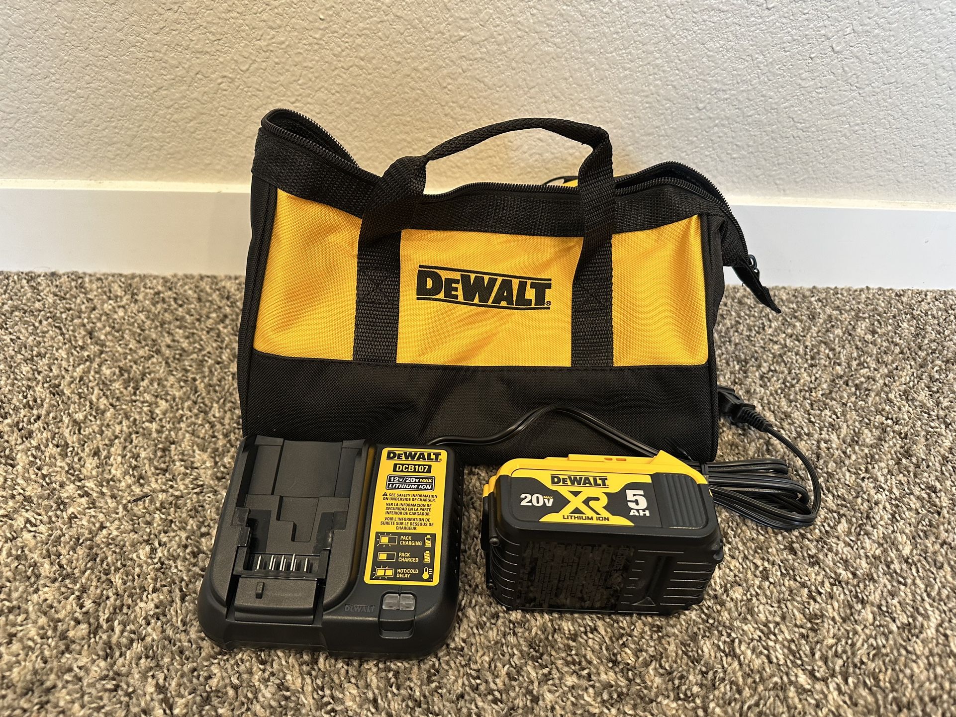 Brand New Dewalt 20V MAX XR 5.0Ah Battery Pack, Charger and Kit Bag!