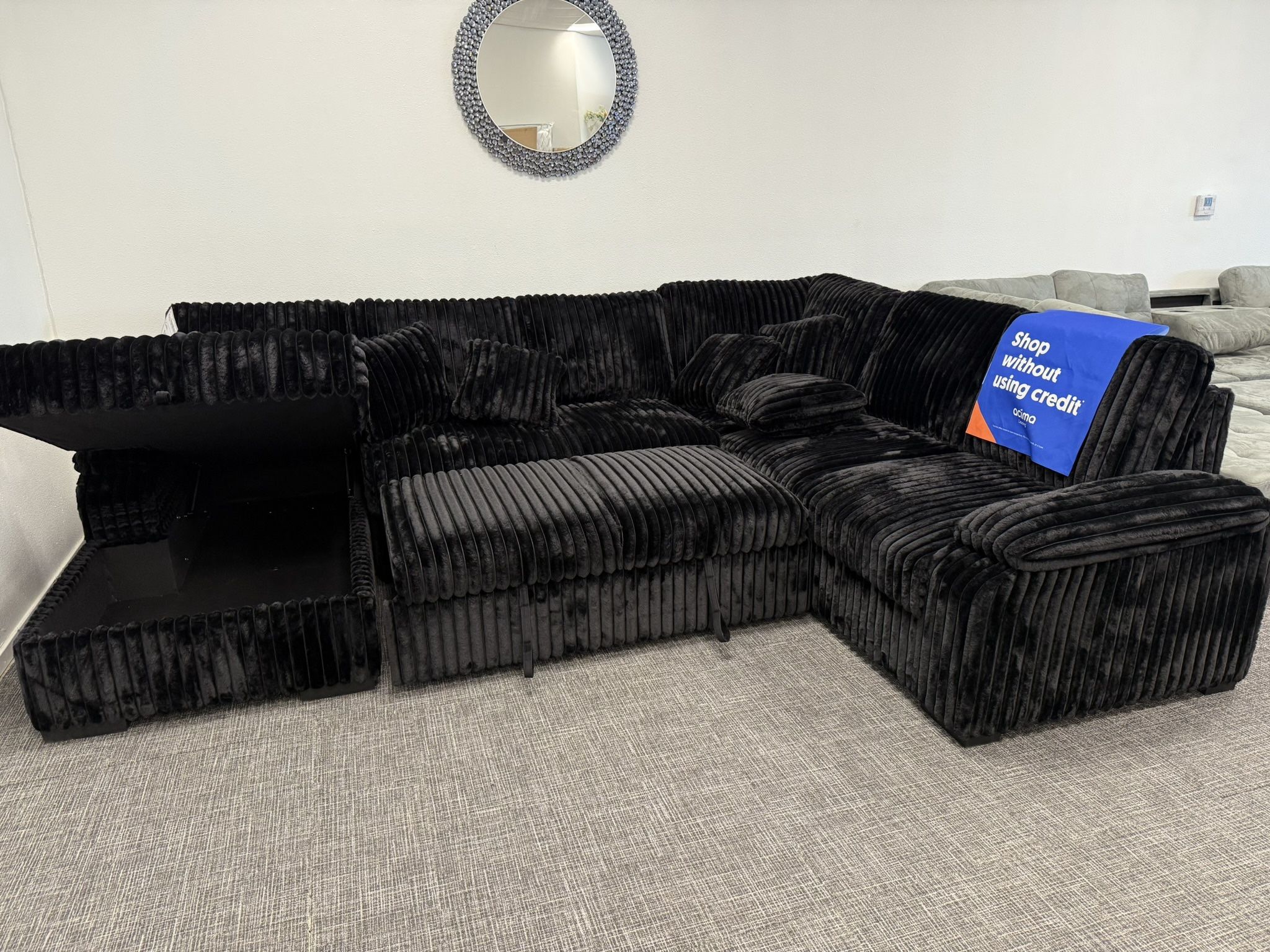Black Sectional Corduroy Sleeper & Storage Chaise - EZ $10 Down Payment Options Available