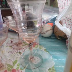 Vintage Depression Lotus Elegant Glass Co pink Wine Goblet Revere, Etch 1009

