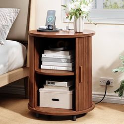 Round End Table with Charging Station, Mid Century Bedside Table with Sliding Door & 2 Tier Storage, Mid-Century Modern Nightstand for Living Room, Be