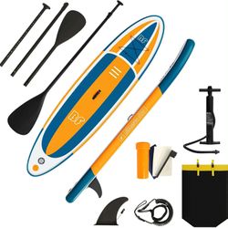 NEW - Inflatable Stand Up Paddle Board with SUP Accessories & Backpack. Paddle Boards Non-Slip Deck, Wide Stance, Bottom Fin, Double Action Pump