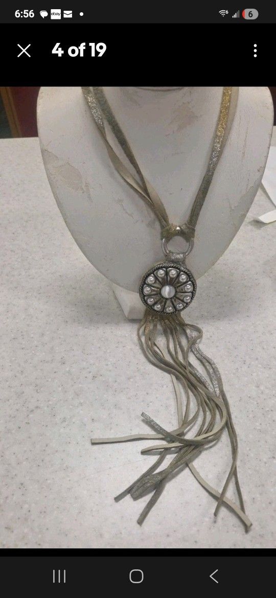 Leatherock Stone Leather And Silver Necklace Gold Silver Pearls Round Adjustable