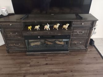 Dark Oakwood Brown TV stand fireplace