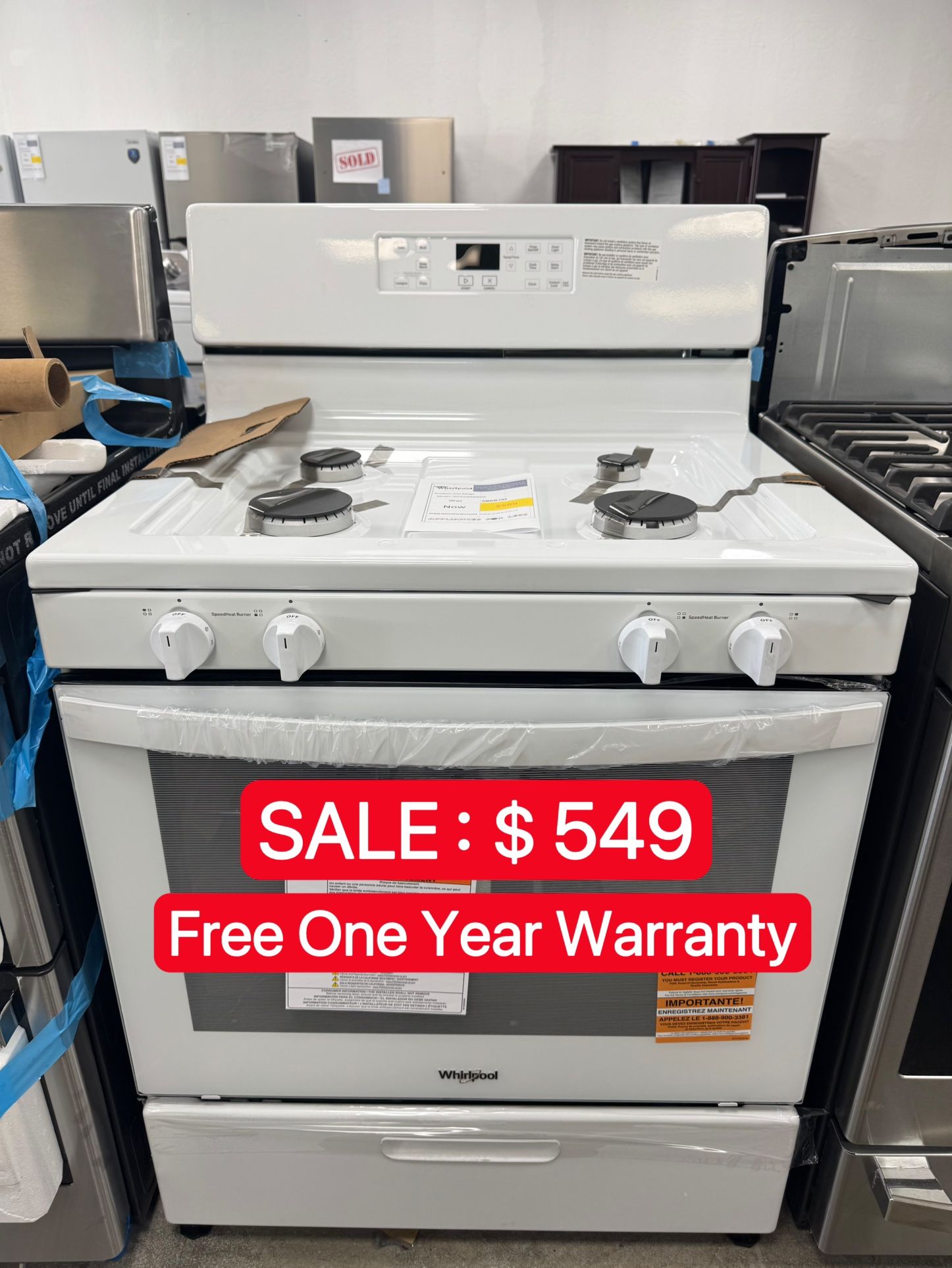 Whirlpool 30in Freestanding Gas Stove-open box-Free One Year Warranty