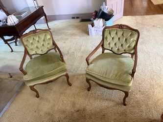 Pair French Louis XV Tufted Green Velvet Armchairs