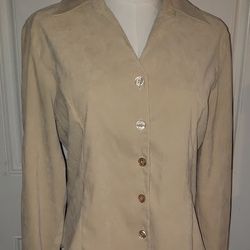 Harvé Benard Suede Beige Button Down Long Sleeve Blouse (Size PM)
