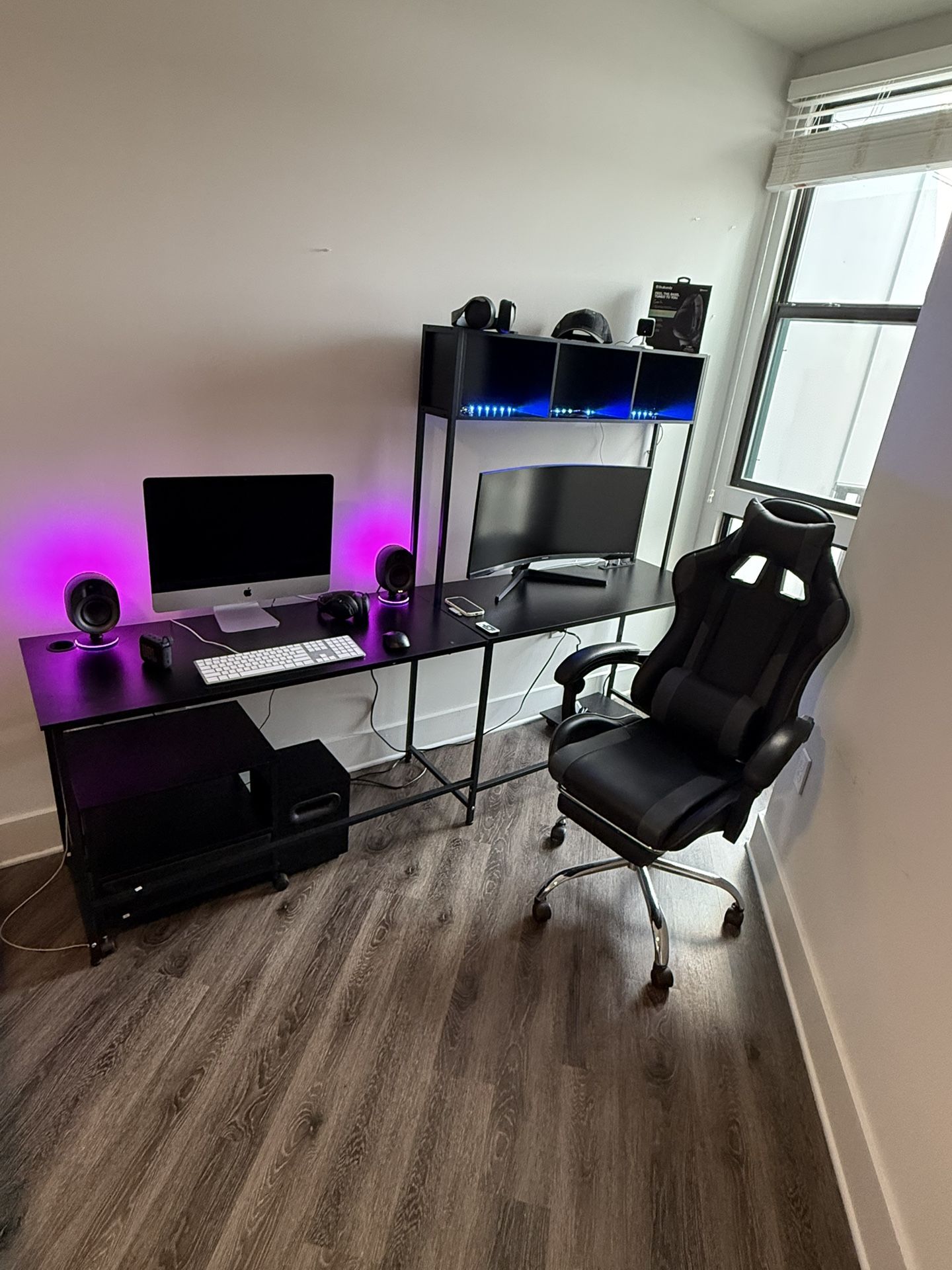 L Shaped Computer Desk with Power Outlet and LED Strip, Reversible Corner Gaming Desk with 2 Drawer and Keyboard Tray, Black Free 30-day returns