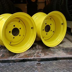 Pair of 12" dia. 5-lug JD yellow 12x8.5 lawnmower wheel with 5/4.5 lug pattern,
 *Made in the USA*