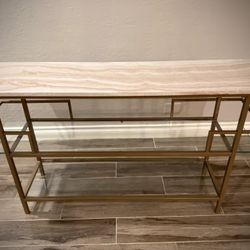 Gold Faux Marble Console Table with Glass Shelves