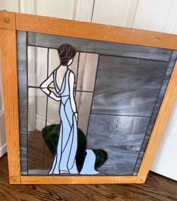 Vintage and window Stained Glass Panel Woman in Gown Art Deco