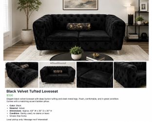 Black velvet tufted loveseat