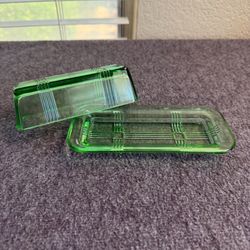 Vintage Green Depression Glass Butter Dish with Lid