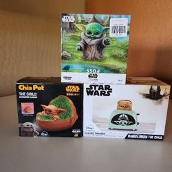 Bundle Star Wars The Mandalorian The Child Chia Pet, Puzzle, And Toaster