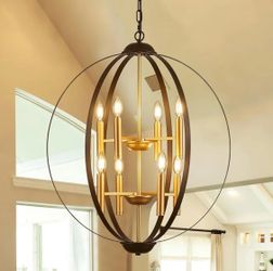 New 23.6''Black Gold 8-Light Globe Chandelier,Industrial Adjustable Hanging Ceiling Pendant Dimmable