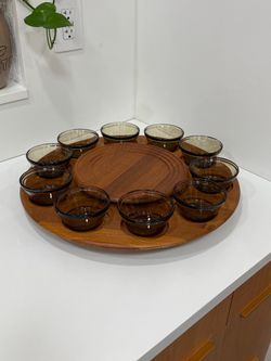 Vintage Mid Century Modern Teak Lady Susan with Smoked Crystal Containers